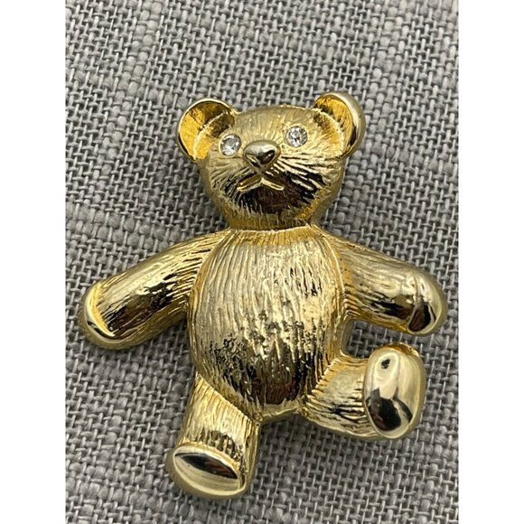Teddy Bear Brooch Gold Tone Clear Rhinestone Eyes 2" - Picture 6 of 9